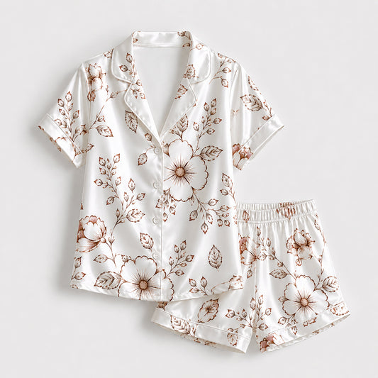 PJ-258-Patterned Outline Pure Satin Pajama Set, Cream Leaf Print Button Front Sleepwear Loungewear Ensemble
