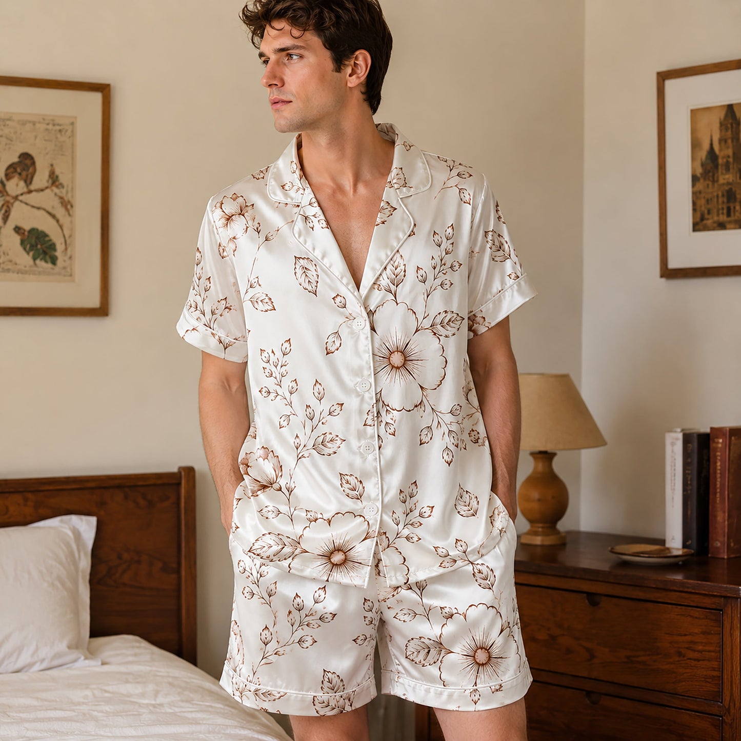 PJ-258-Patterned Outline Pure Satin Pajama Set, Cream Leaf Print Button Front Sleepwear Loungewear Ensemble
