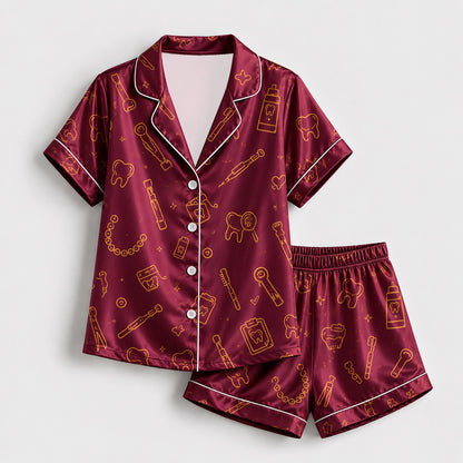 PJ-259-Burgundy Dental Hygiene Satin Pajama Set, Maroon Graphic Tooth Loungewear Sleepwear Collection Nightwear