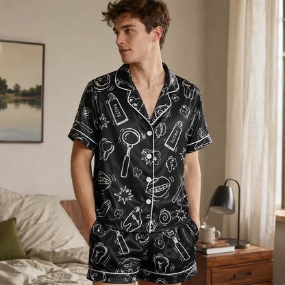 PJ-260-Black Dental Hygiene Satin Pajama Set, Obsidian Graphic Tooth Loungewear Sleepwear Collection Nightwear