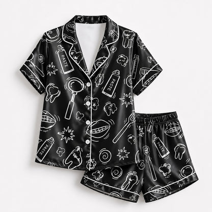 PJ-260-Black Dental Hygiene Satin Pajama Set, Obsidian Graphic Tooth Loungewear Sleepwear Collection Nightwear