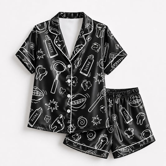 PJ-260-Black Dental Hygiene Satin Pajama Set, Obsidian Graphic Tooth Loungewear Sleepwear Collection Nightwear
