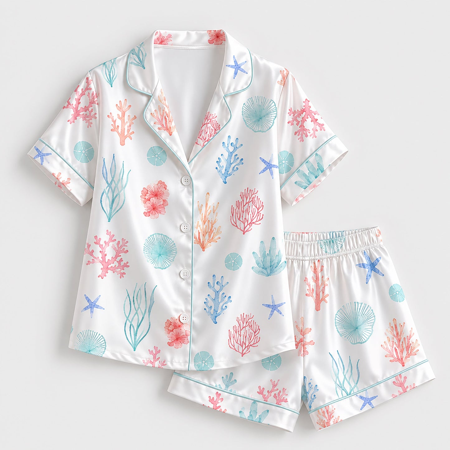 PJ-262-Coral Reef Premium Satin Pajama Set, White Ocean Undersea Print Nautical Loungewear Sleepwear Collection