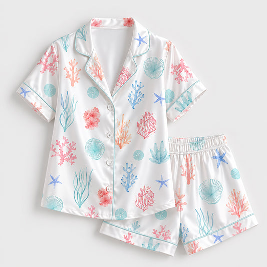 PJ-262-Coral Reef Premium Satin Pajama Set, White Ocean Undersea Print Nautical Loungewear Sleepwear Collection