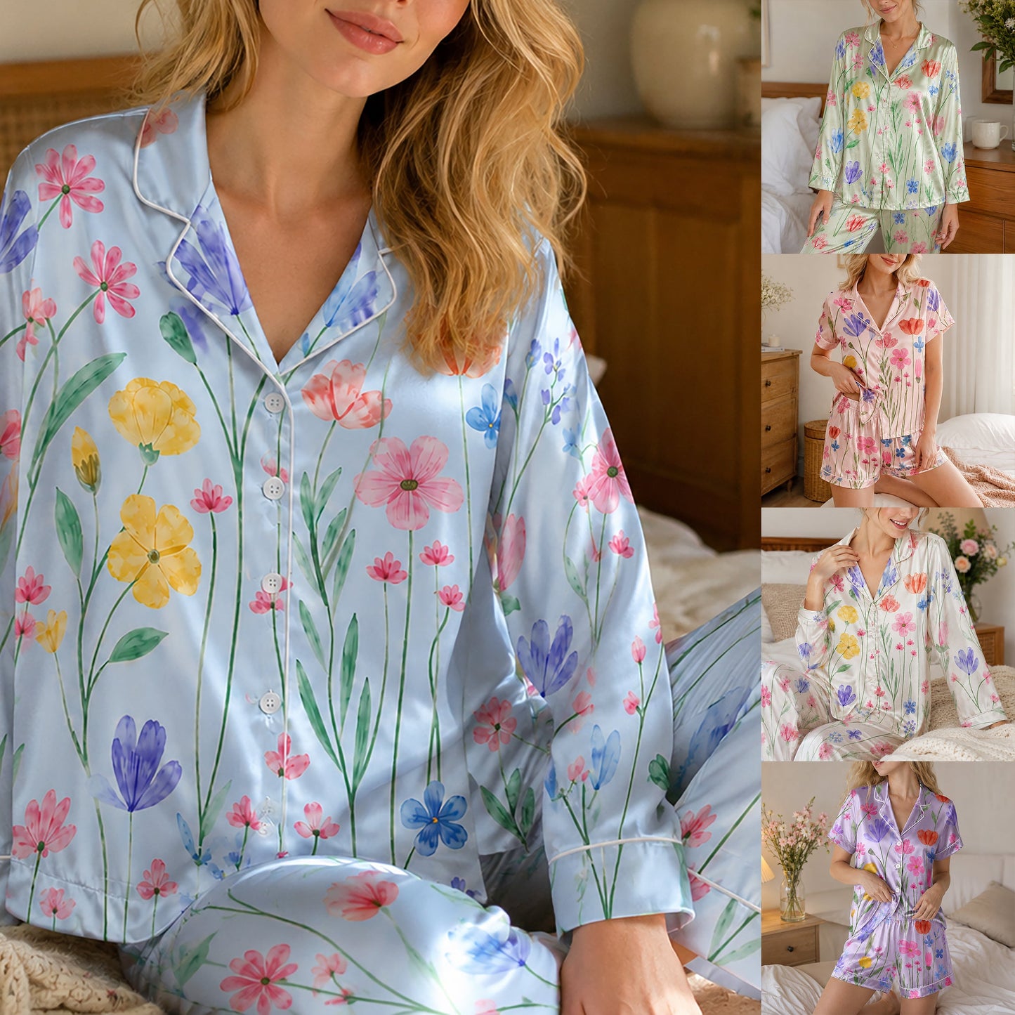 PJ-265-Satin Colorful Watercolor Floral White Piping Button Up Pajama Set