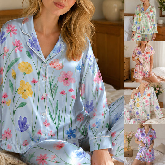 PJ-265-Satin Colorful Watercolor Floral White Piping Button Up Pajama Set