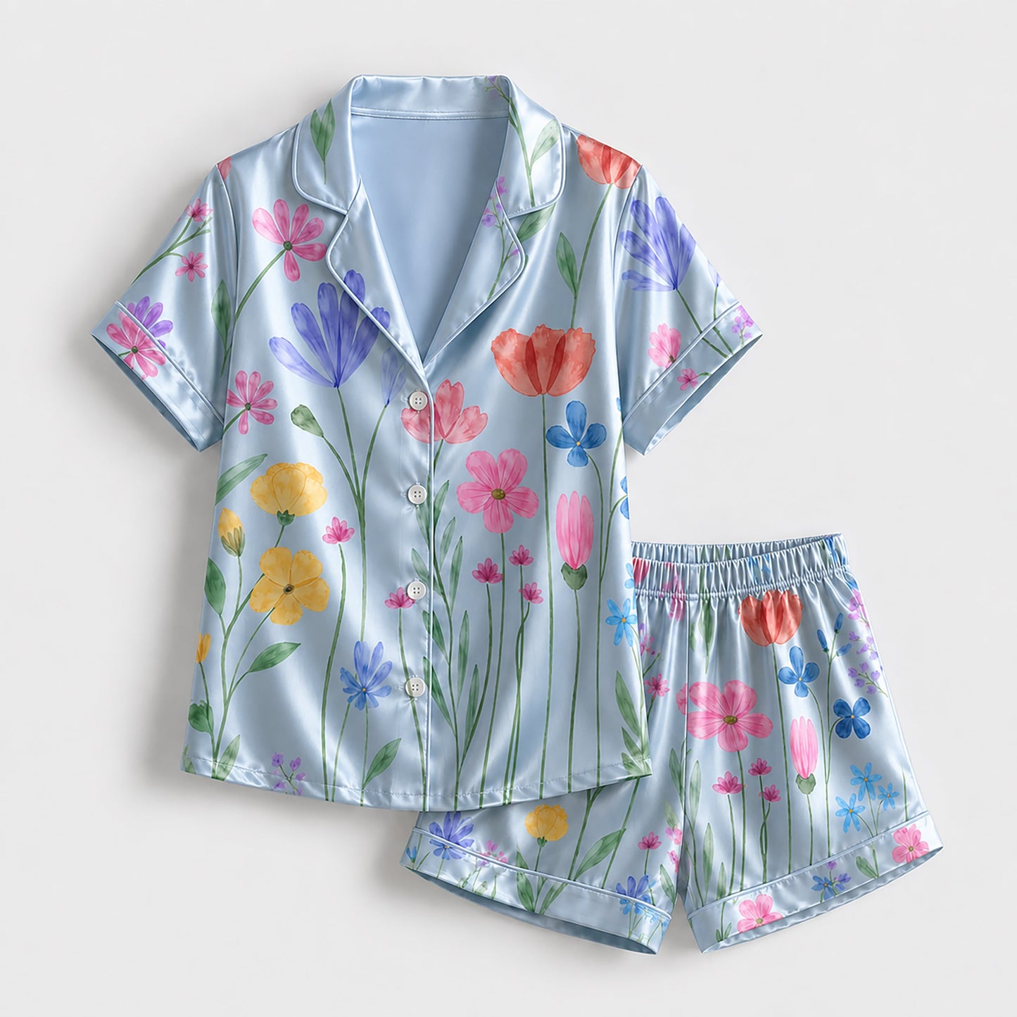 PJ-265-Satin Colorful Watercolor Floral White Piping Button Up Pajama Set