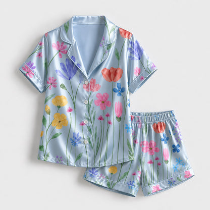 PJ-265-Satin Colorful Watercolor Floral White Piping Button Up Pajama Set
