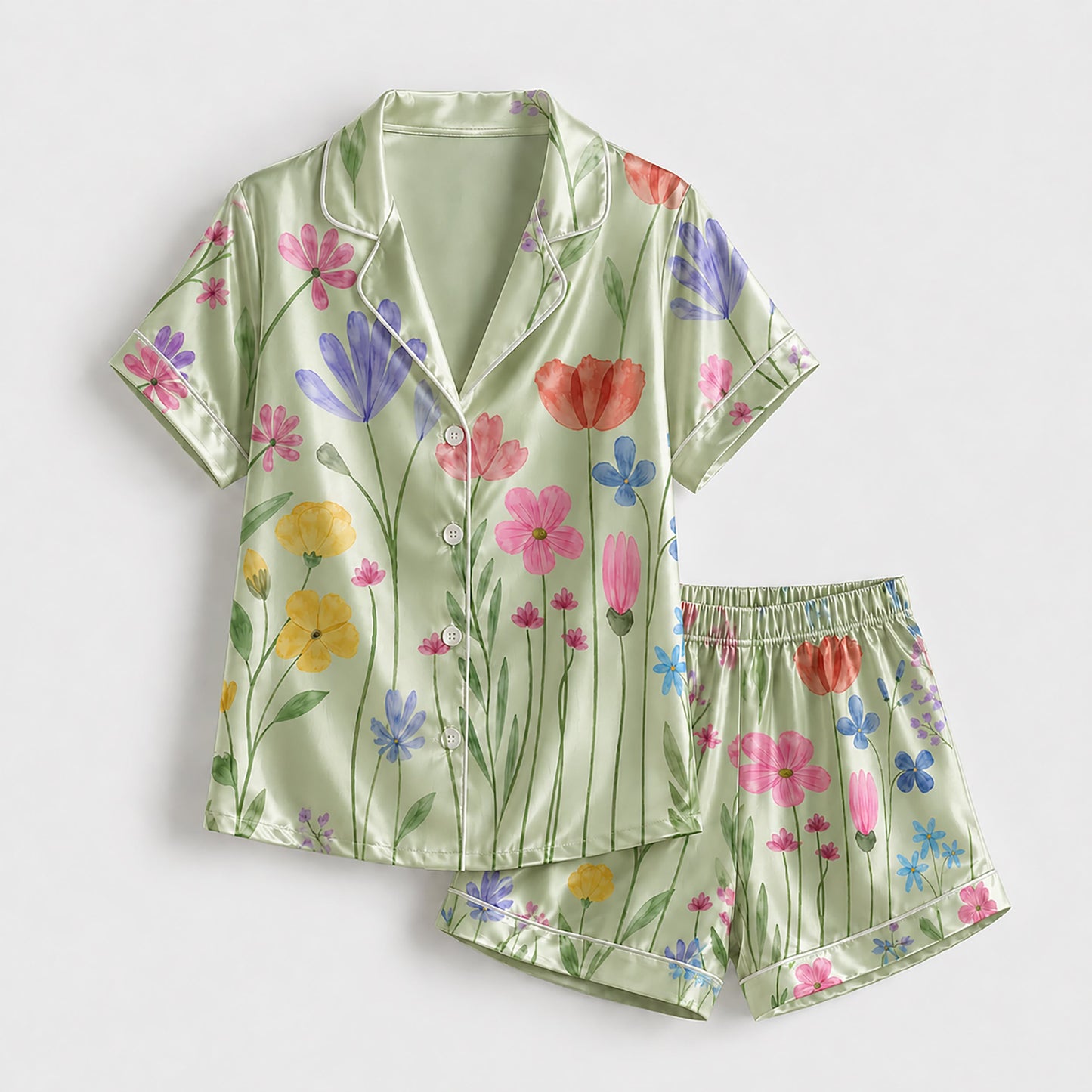 PJ-265-Satin Colorful Watercolor Floral White Piping Button Up Pajama Set