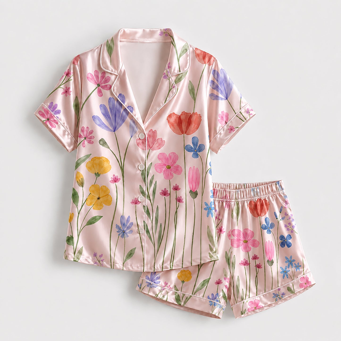 PJ-265-Satin Colorful Watercolor Floral White Piping Button Up Pajama Set
