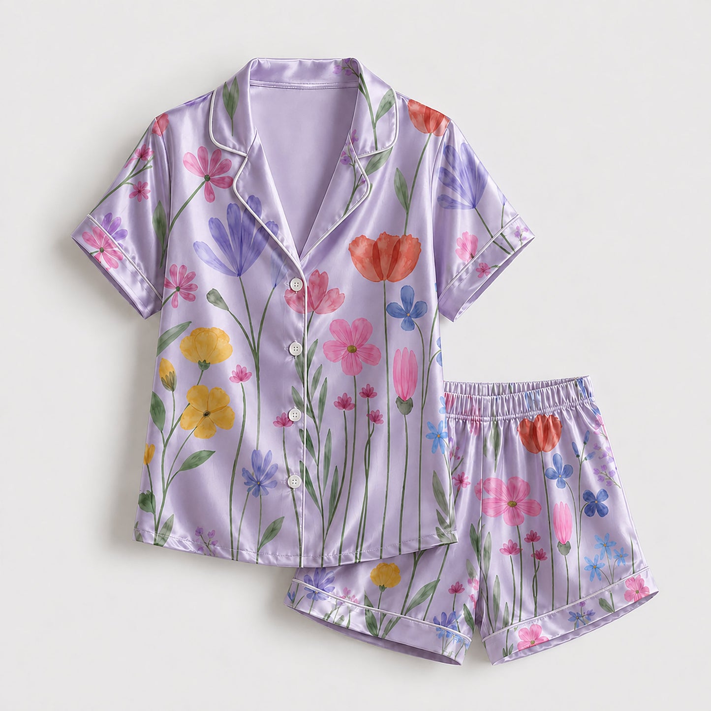 PJ-265-Satin Colorful Watercolor Floral White Piping Button Up Pajama Set