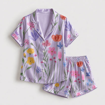 PJ-265-Satin Colorful Watercolor Floral White Piping Button Up Pajama Set