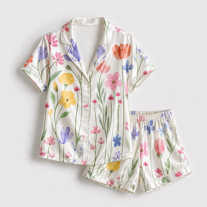 PJ-265-Satin Colorful Watercolor Floral White Piping Button Up Pajama Set