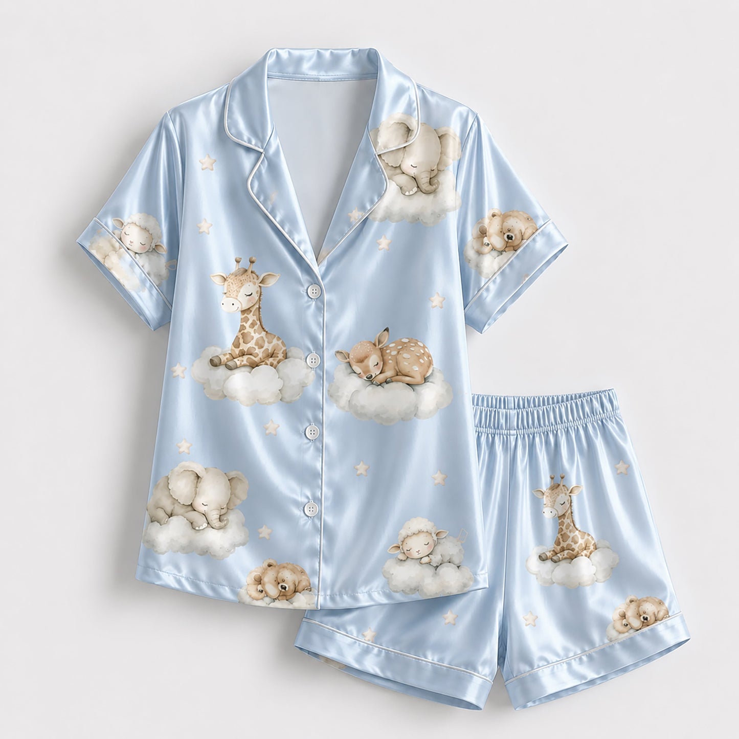 PJ-269-Satin Colorful Dreamy Animal Cloud White Piping Button Up Pajama Set