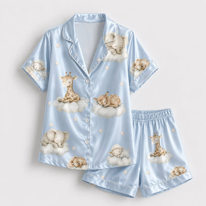 PJ-269-Satin Colorful Dreamy Animal Cloud White Piping Button Up Pajama Set