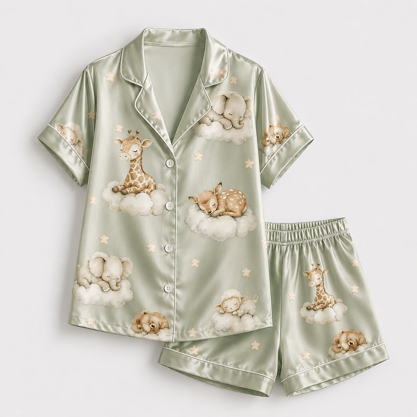 PJ-269-Satin Colorful Dreamy Animal Cloud White Piping Button Up Pajama Set