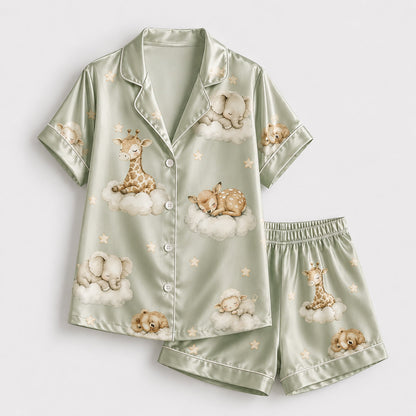 PJ-269-Satin Colorful Dreamy Animal Cloud White Piping Button Up Pajama Set