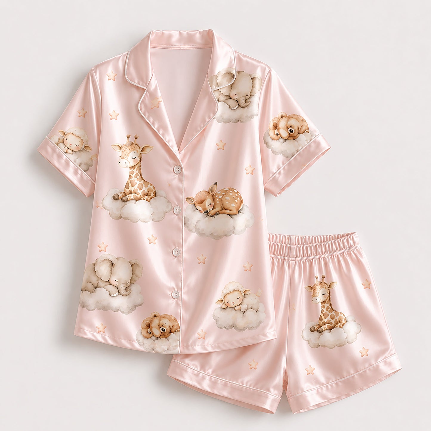 PJ-269-Satin Colorful Dreamy Animal Cloud White Piping Button Up Pajama Set