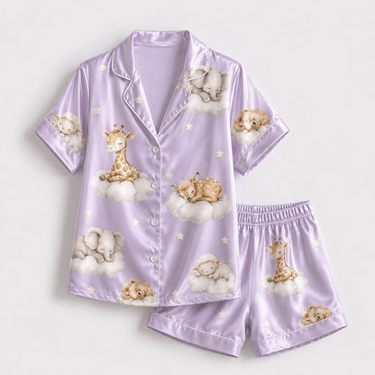 PJ-269-Satin Colorful Dreamy Animal Cloud White Piping Button Up Pajama Set