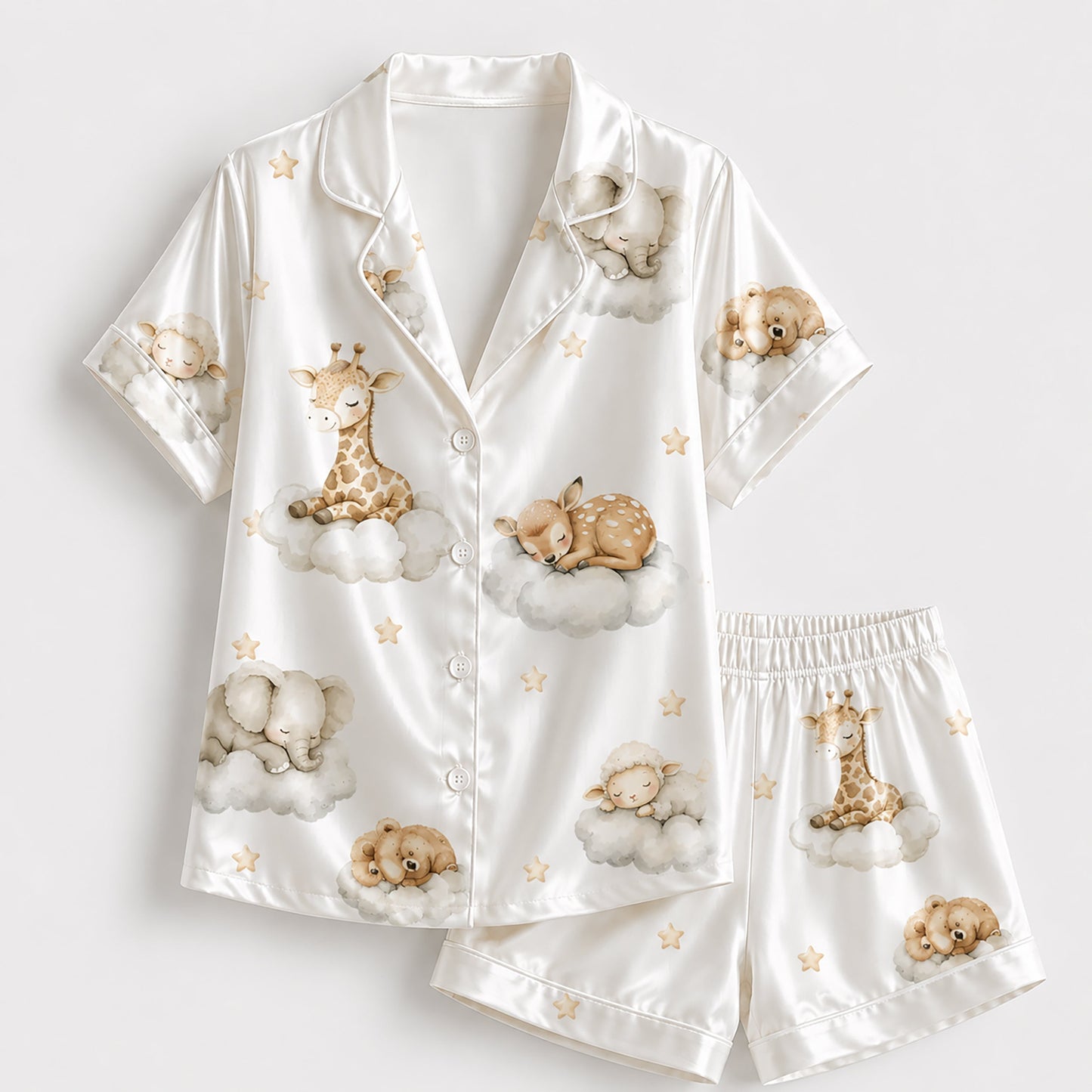 PJ-269-Satin Colorful Dreamy Animal Cloud White Piping Button Up Pajama Set