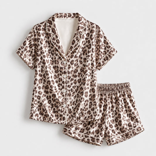 PJ-277-Satin Leopard Floral White Piping Button Up Pajama Set