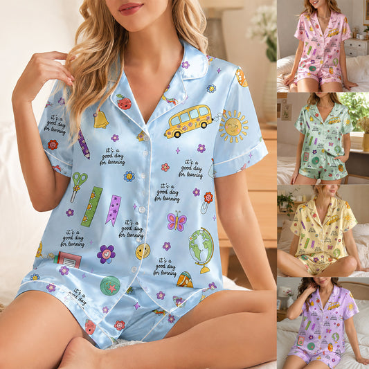 PJ-278-Satin Colorful Back to School White Piping Button Up Pajama Set
