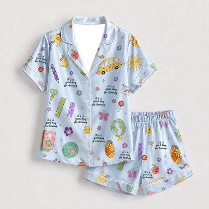PJ-278-Satin Colorful Back to School White Piping Button Up Pajama Set