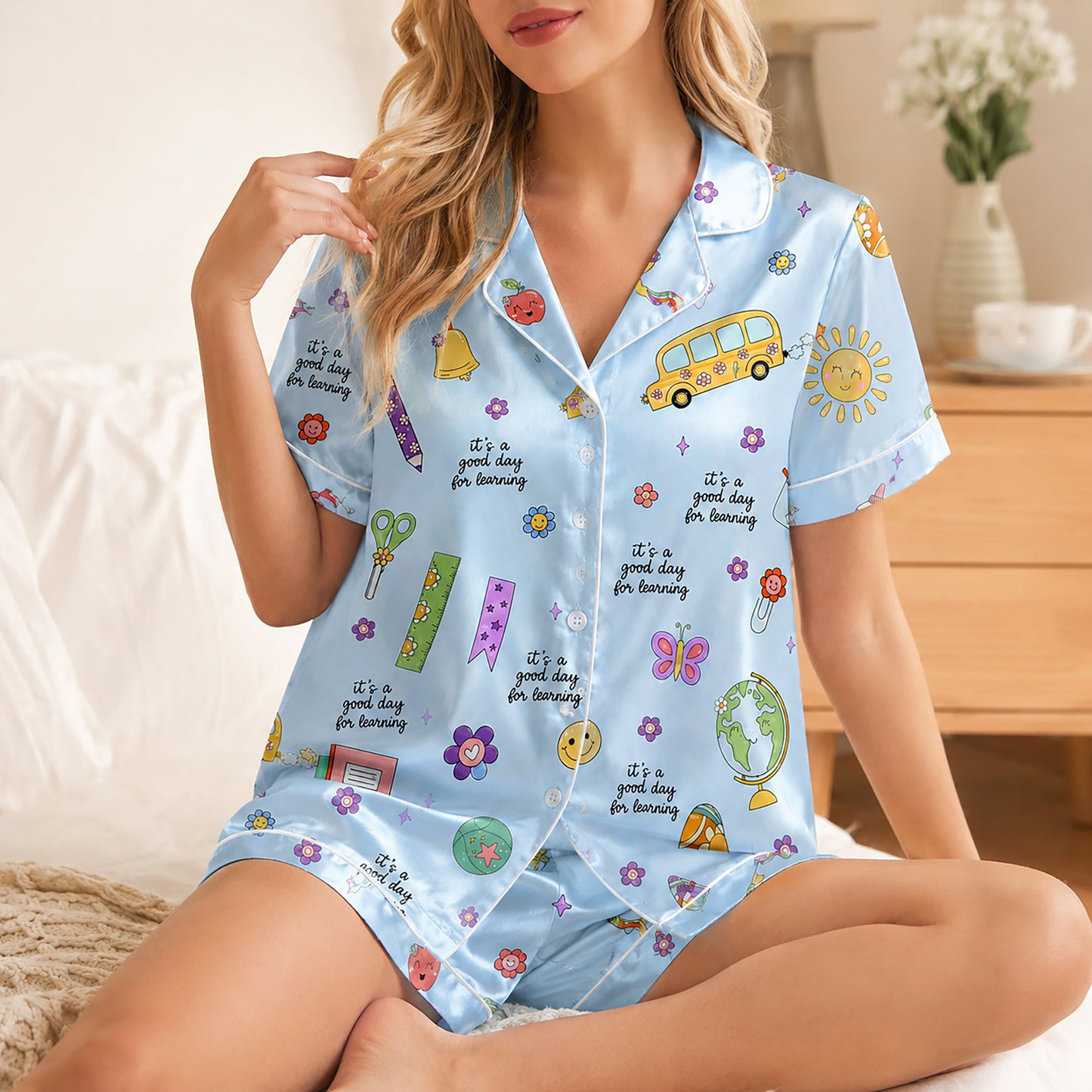 PJ-278-Satin Colorful Back to School White Piping Button Up Pajama Set