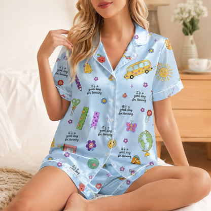 PJ-278-Satin Colorful Back to School White Piping Button Up Pajama Set