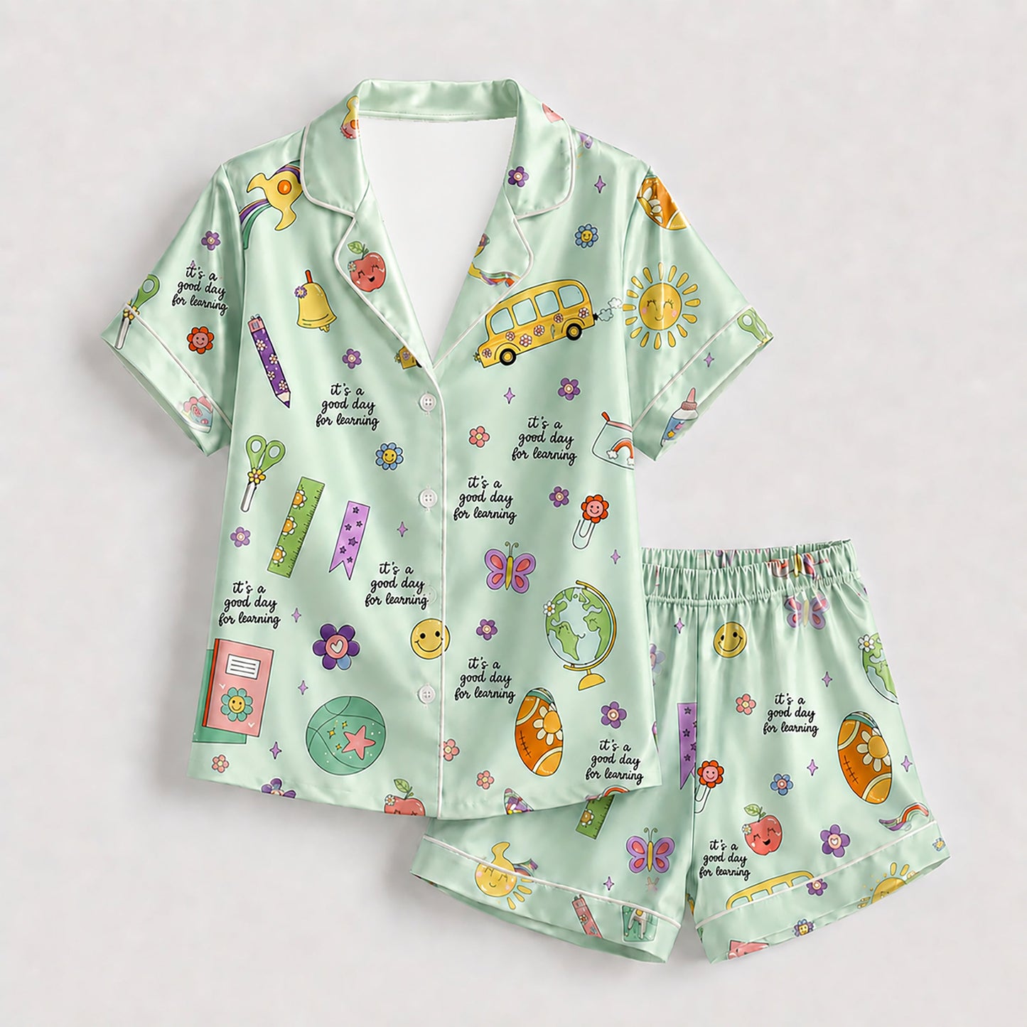 PJ-278-Satin Colorful Back to School White Piping Button Up Pajama Set