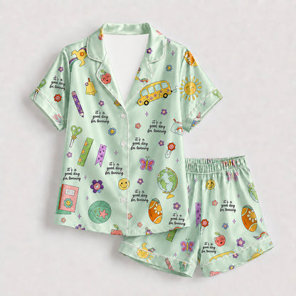 PJ-278-Satin Colorful Back to School White Piping Button Up Pajama Set