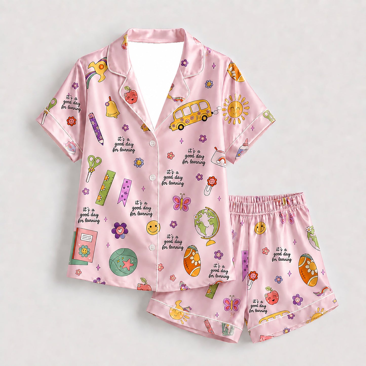 PJ-278-Satin Colorful Back to School White Piping Button Up Pajama Set