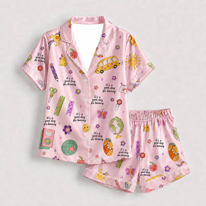 PJ-278-Satin Colorful Back to School White Piping Button Up Pajama Set
