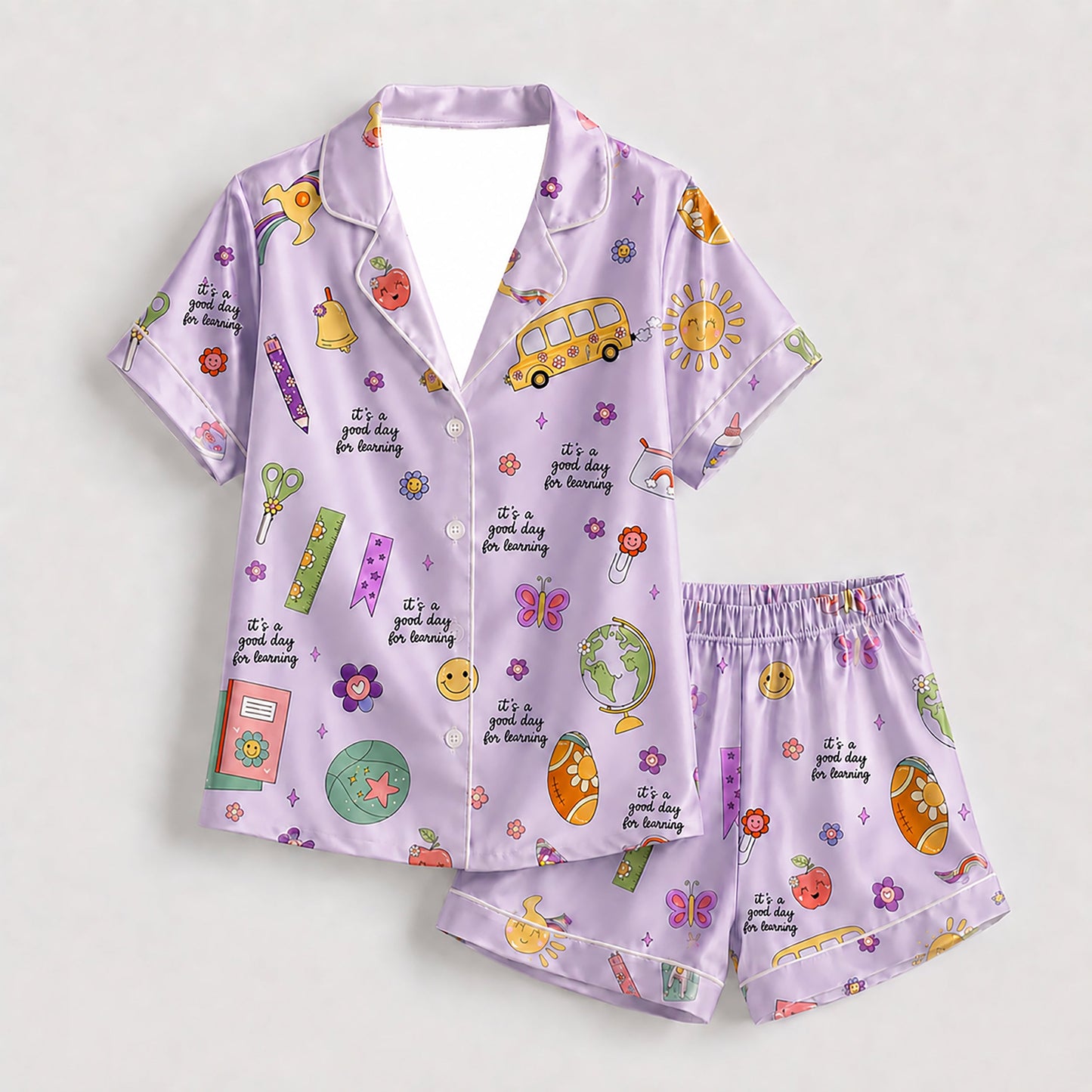 PJ-278-Satin Colorful Back to School White Piping Button Up Pajama Set