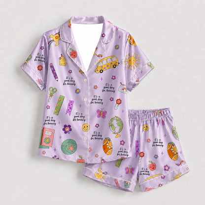 PJ-278-Satin Colorful Back to School White Piping Button Up Pajama Set