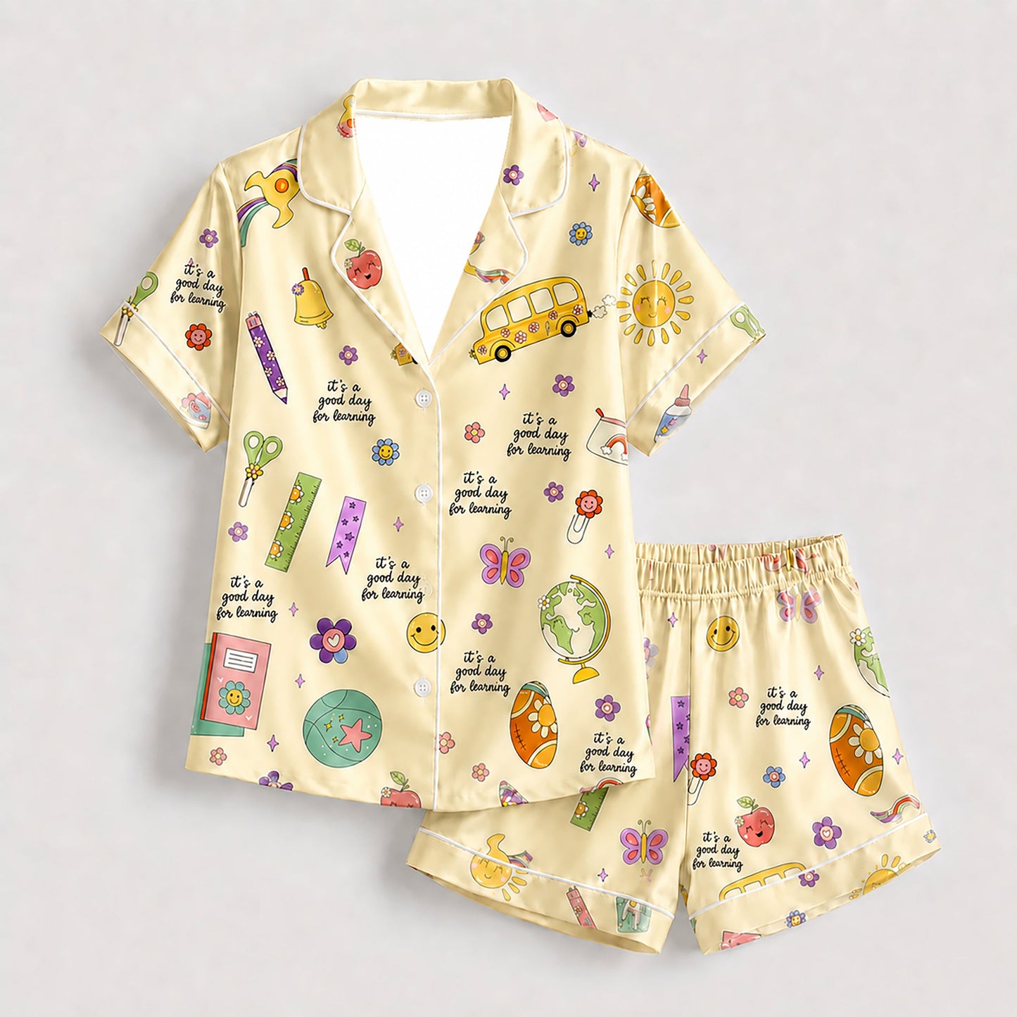 PJ-278-Satin Colorful Back to School White Piping Button Up Pajama Set