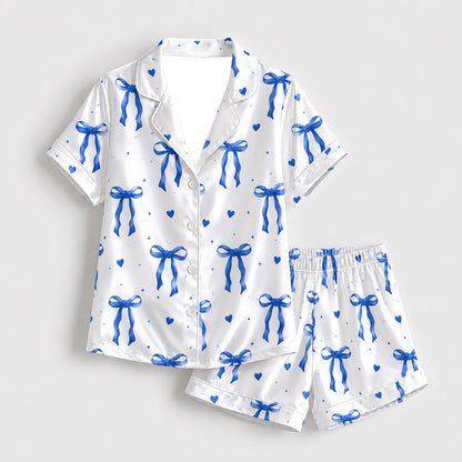 PJ-285-Cobalt Blue Coquette Bow Satin Pajama Set, White Graphic Heart Loungewear Sleepwear Collection Nightwear