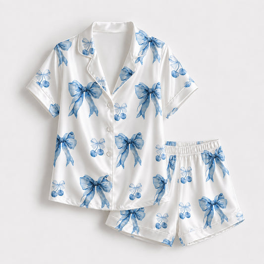 PJ-286-Minimalist Ribbon Art Satin Pajama Set, Patterned Ocean Tone Lounge Underwear Nightdress Coordinates Clothing
