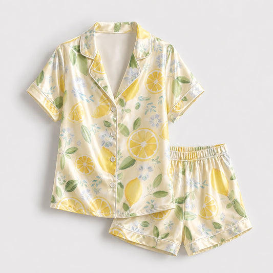 PJ-295-Yellow Citrus Pattern Satin Pajama Set, Romantic Golden Graphic Print Homewear Pjs Set Lounging