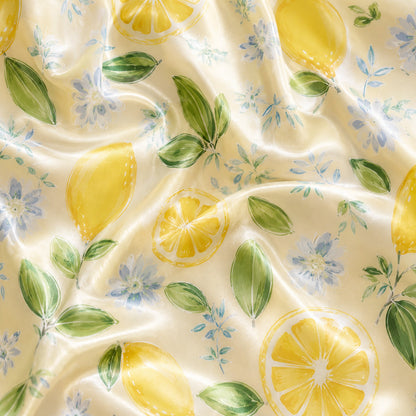 PJ-295-Yellow Citrus Pattern Satin Pajama Set, Romantic Golden Graphic Print Homewear Pjs Set Lounging