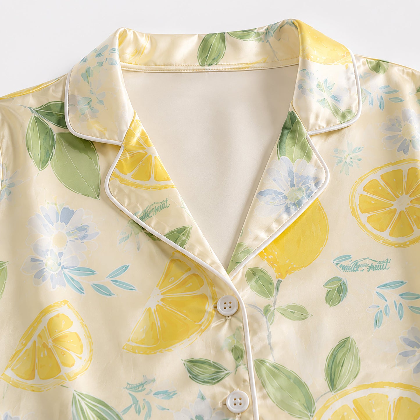 PJ-295-Yellow Citrus Pattern Satin Pajama Set, Romantic Golden Graphic Print Homewear Pjs Set Lounging