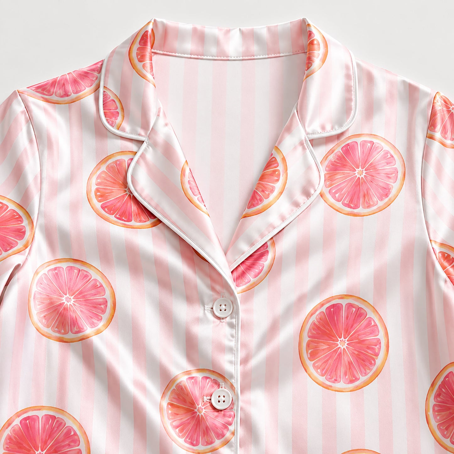 PJ-296-Pink Grapefruit Striped Satin Pajama Set, White Graphic Citrus Fruit Loungewear Sleepwear Nightwear Collection