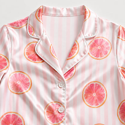 PJ-296-Pink Grapefruit Striped Satin Pajama Set, White Graphic Citrus Fruit Loungewear Sleepwear Nightwear Collection