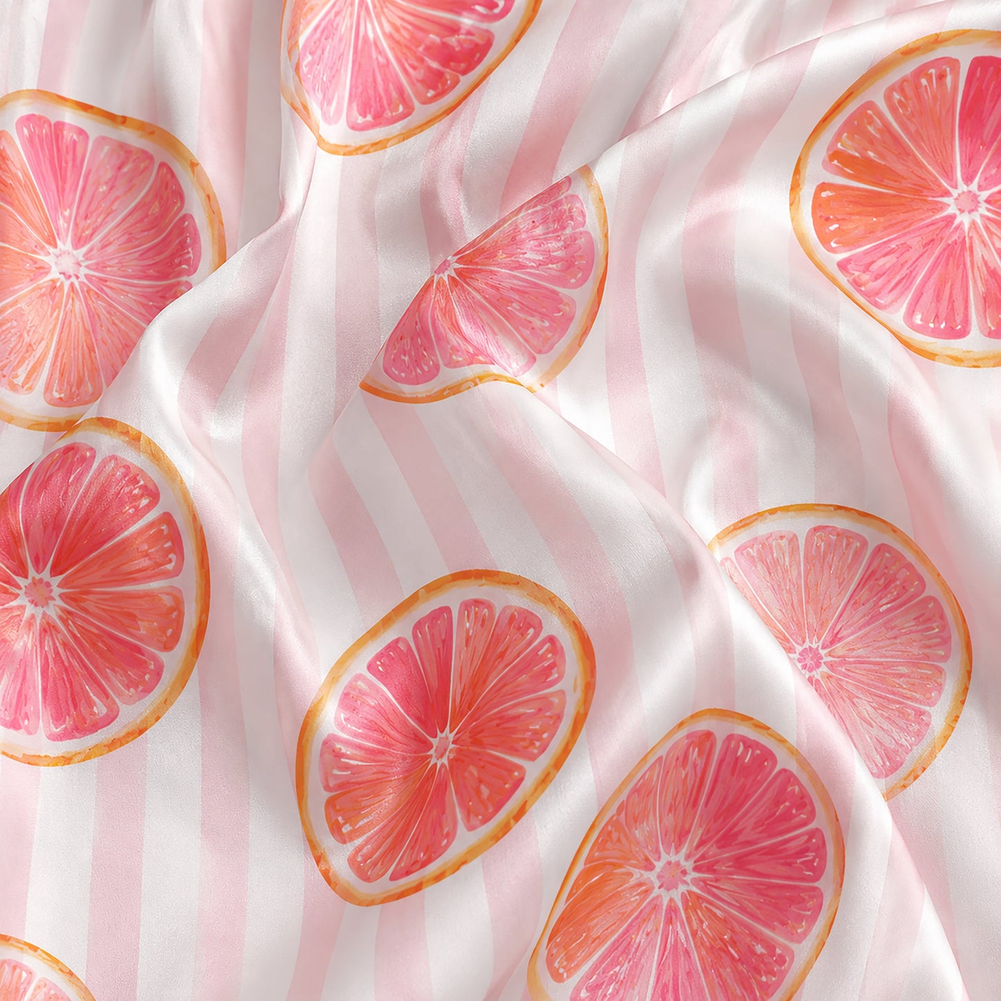 PJ-296-Pink Grapefruit Striped Satin Pajama Set, White Graphic Citrus Fruit Loungewear Sleepwear Nightwear Collection