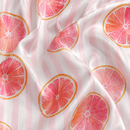 PJ-296-Pink Grapefruit Striped Satin Pajama Set, White Graphic Citrus Fruit Loungewear Sleepwear Nightwear Collection