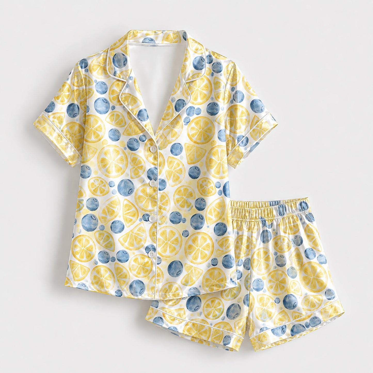PJ-297-Patterned Orchard Luxury Satin Pajama Set, Light Amber Short Sleeve Button Front Apparel Nightshirts