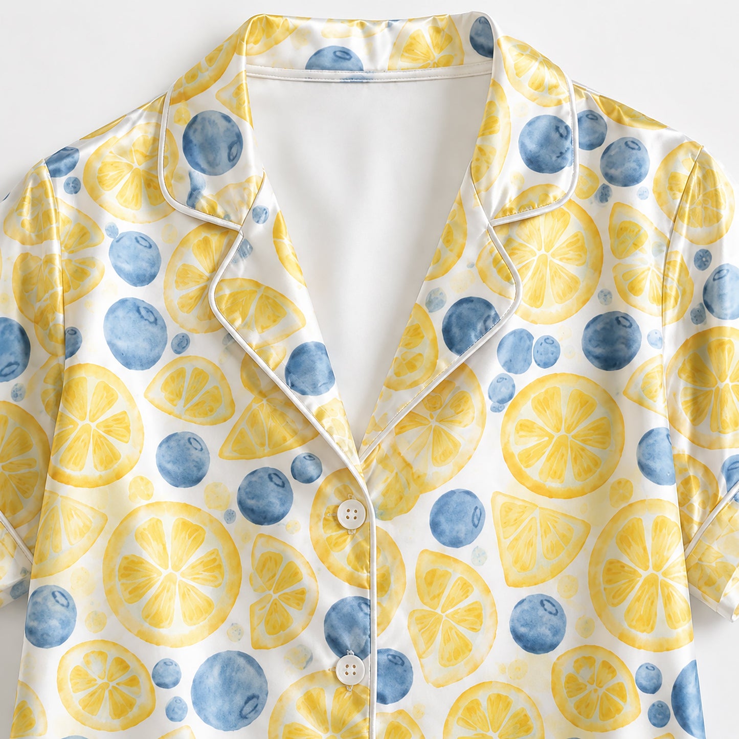 PJ-297-Patterned Orchard Luxury Satin Pajama Set, Light Amber Short Sleeve Button Front Apparel Nightshirts