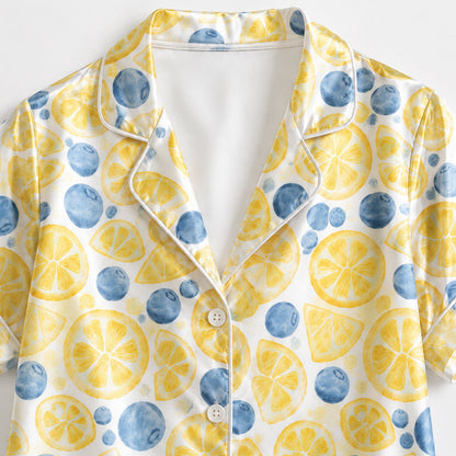 PJ-297-Patterned Orchard Luxury Satin Pajama Set, Light Amber Short Sleeve Button Front Apparel Nightshirts