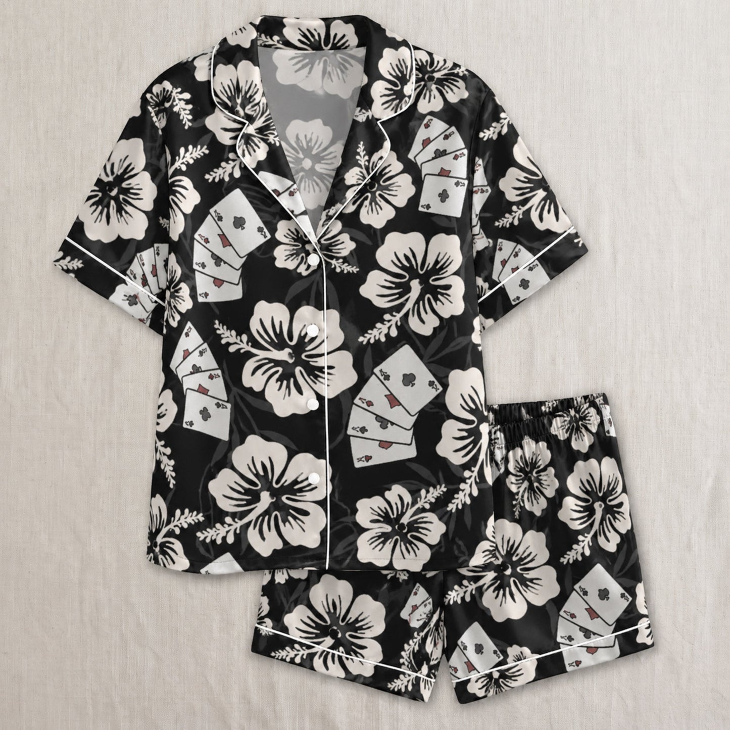 PJ-056-Satin Colorful Hibiscus Casino White Piping Button Up Pajama Set
