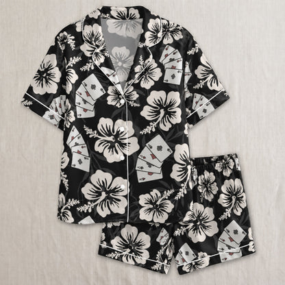 PJ-056-Satin Colorful Hibiscus Casino White Piping Button Up Pajama Set
